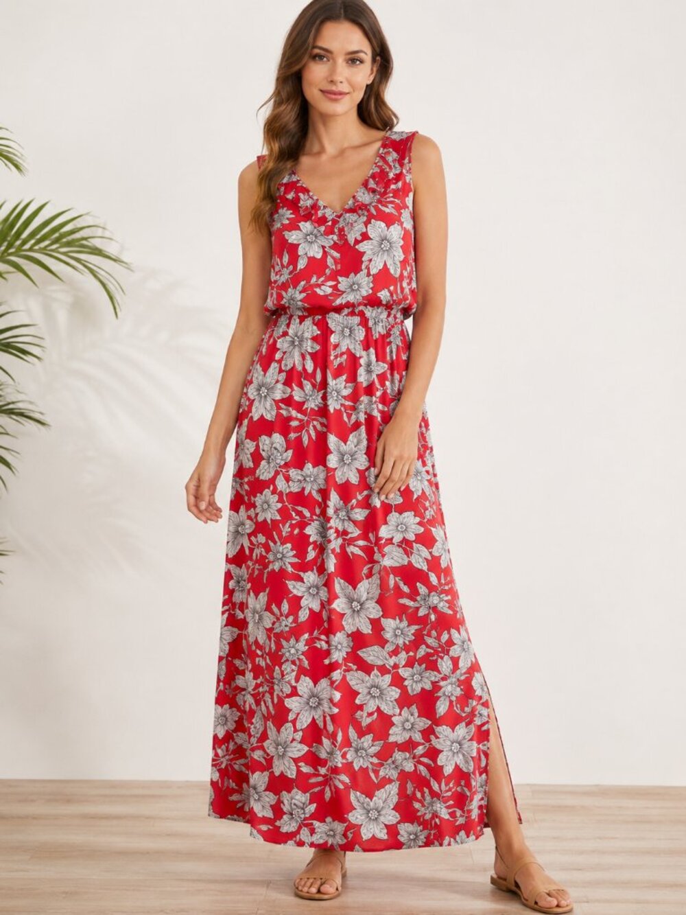 Matty M Red Floral Maxi Dress Sleeveless Lined Bodice Stretch Size M